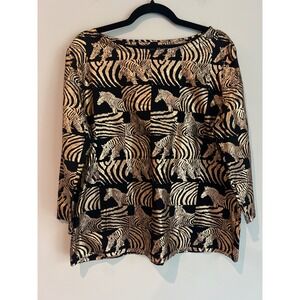 Rebecca Malone Black Gold Zebra Print Long Sleeve Boat Neck Top 3/4 Sleeves XL